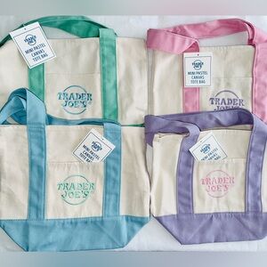 Trader Joe’s Mini Canvas Tote Bags (Lot of 4) Pastel Spring Easter NEW WITH TAGS